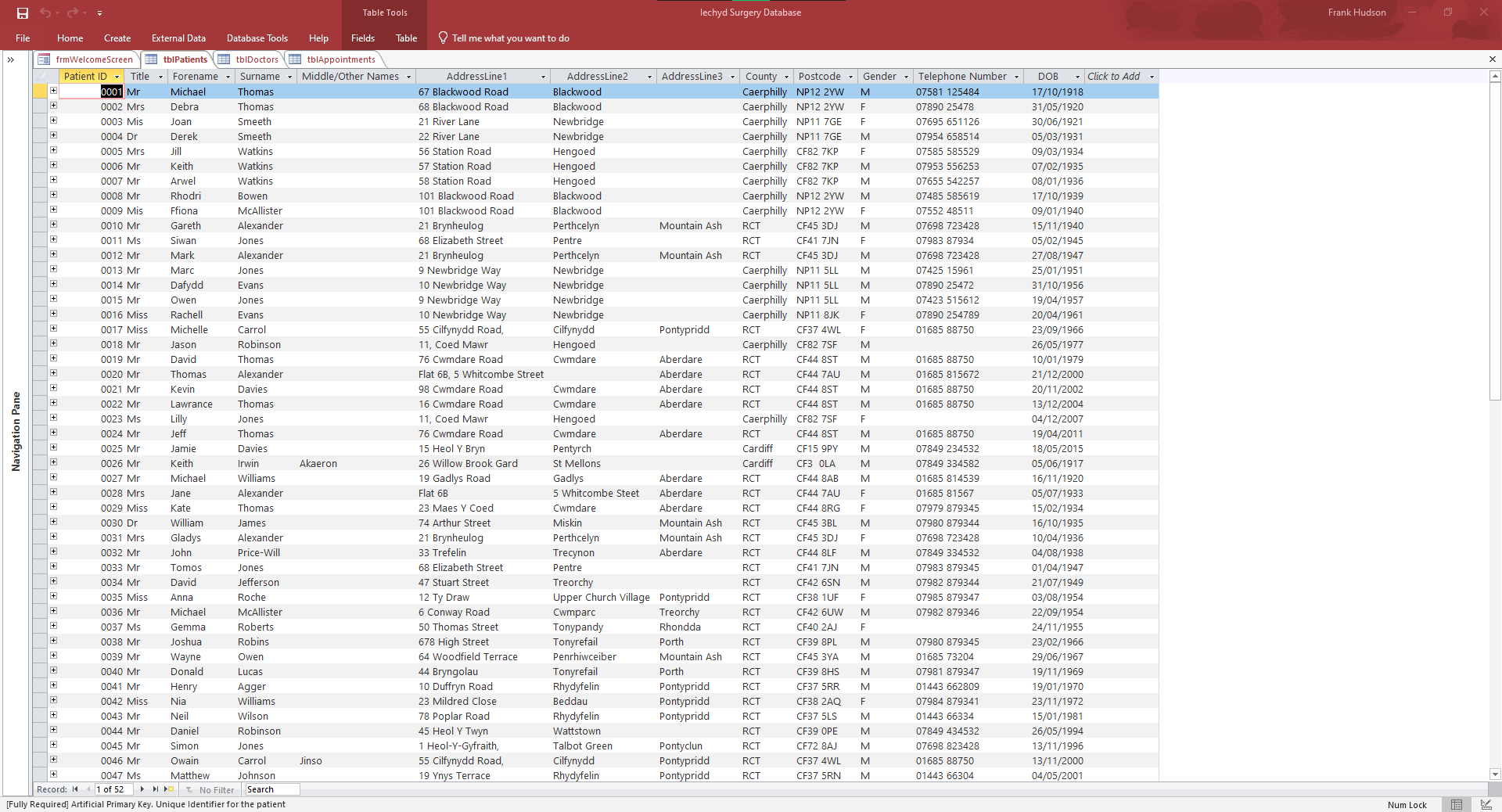 patient data table